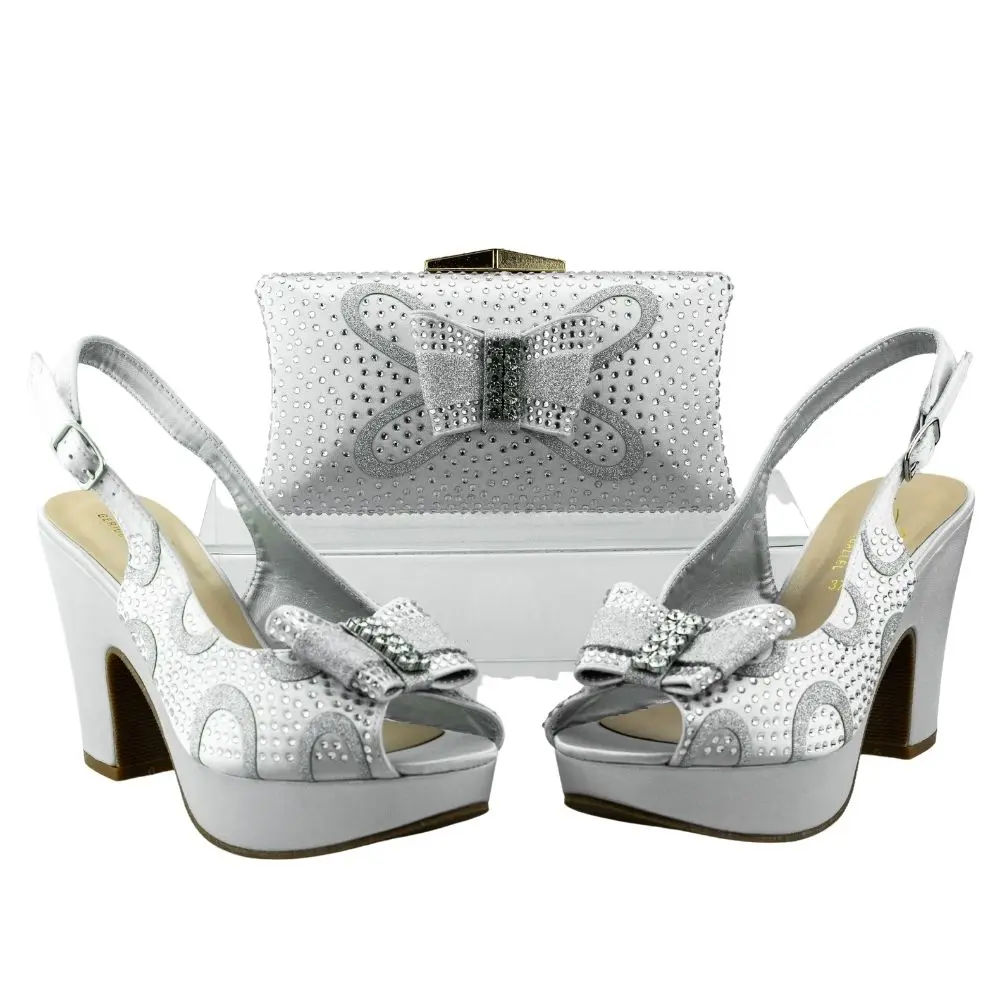 New Silver Color Nigerian Women's Shoes and Bags Party Shoes with Bags African Fashion Shoes and Bags Wedding Shoes and Bags Hot