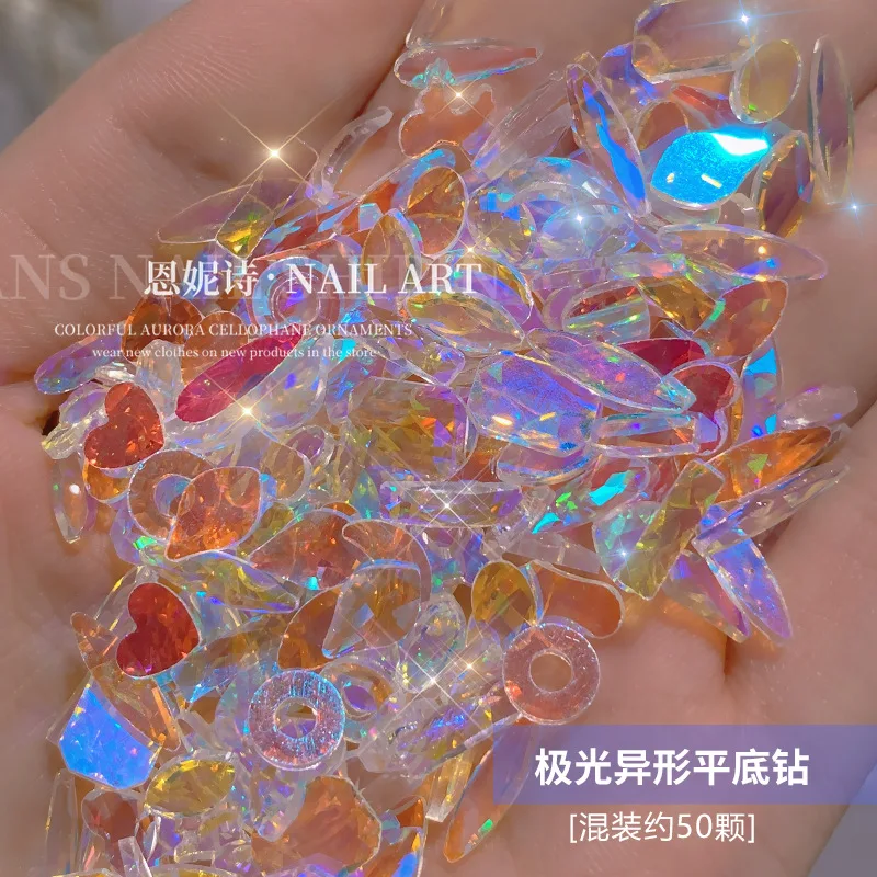 

100pcs Aurora AB Flatback Nail Parts 3D Charms Mix Shaped Rhinestones Crystal For Nails Design Nail Glitter Stone Nail Art Decor