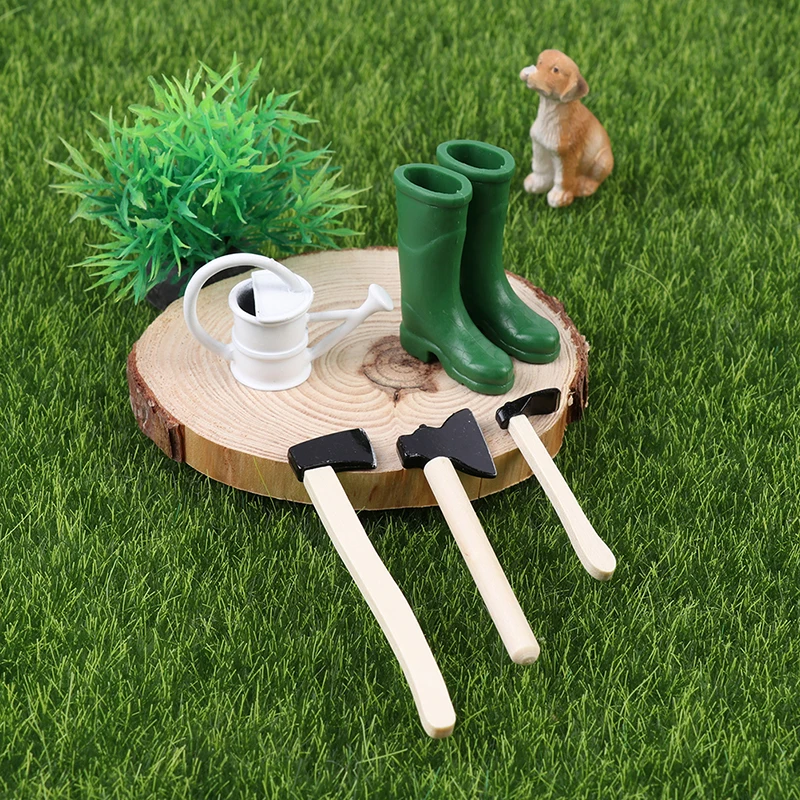 

6 искусственных садовых инструментов, Оловянная банка для полива в масштабе 1/12, миниатюры для кукольного домика, садовый пейзаж, детская меб...