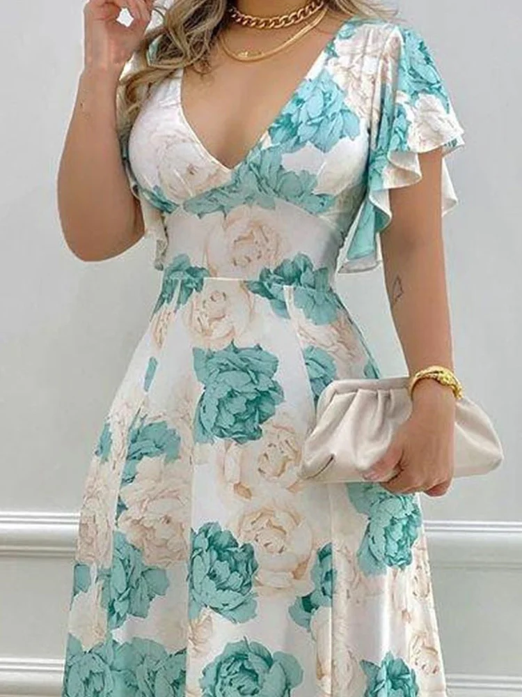 

Платье-Макси женское с цветочным принтом, коротким рукавом и V-образным вырезом