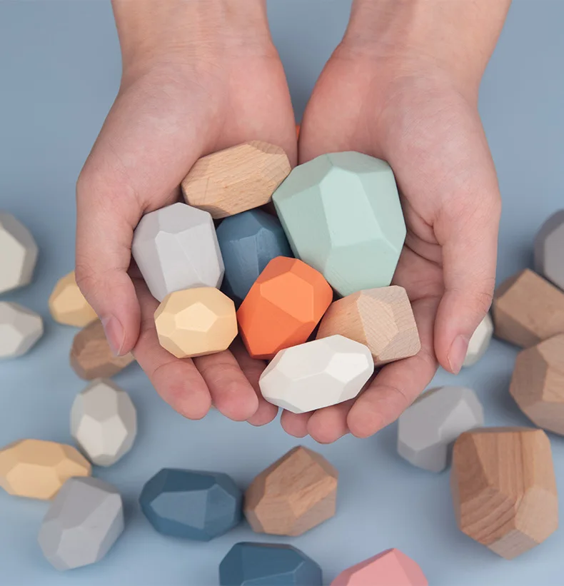 Creative DIY Toys Rainbow Colour/Log Colour Stone Blocks Children's Stacking Desktop Game Wooden Naturall Simulation Stone 10pcs