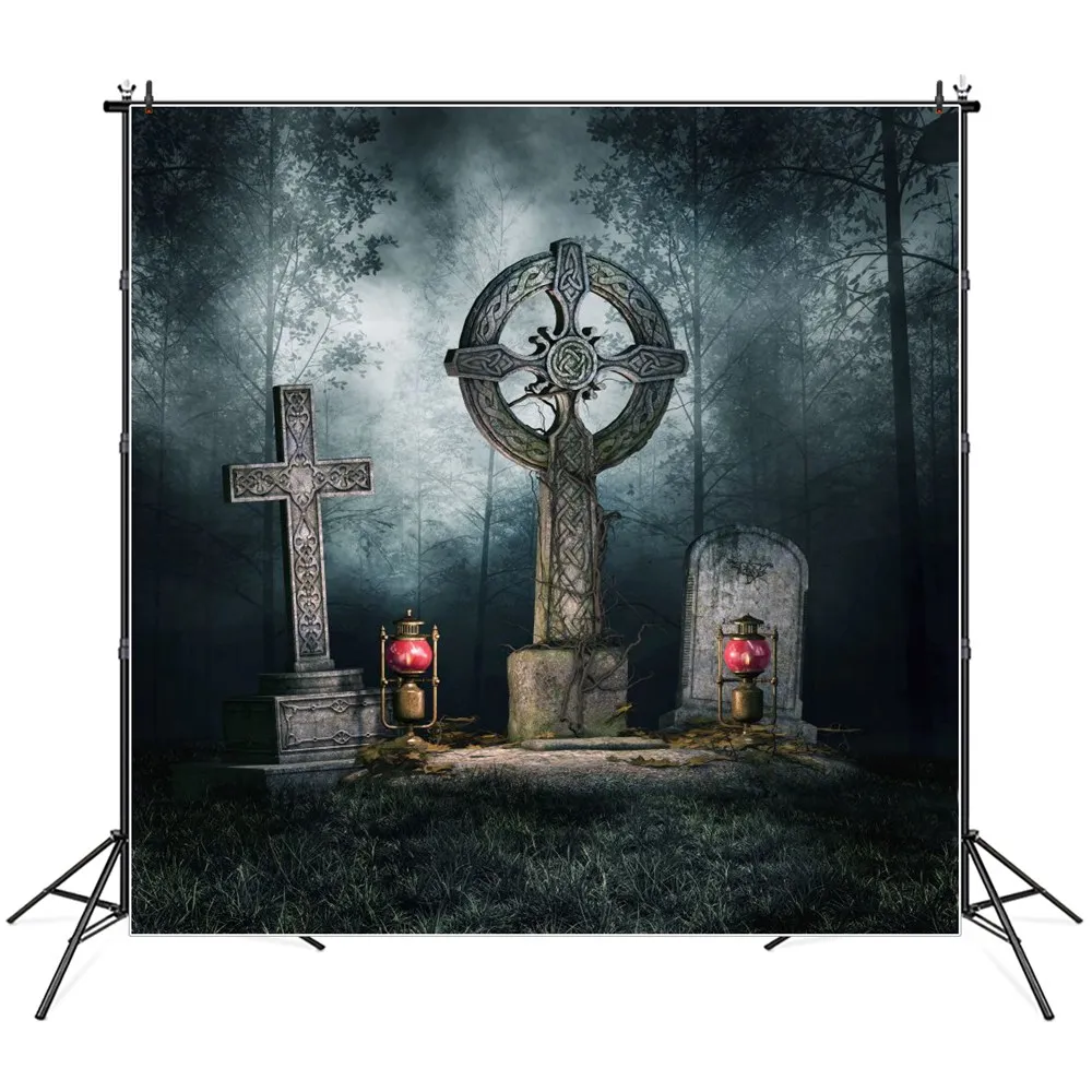 

Forest Cemetery Cross Tombstone Lantern Halloween Photography Backdrops Custom Baby Party Decoration Photo Studio Backgrounds