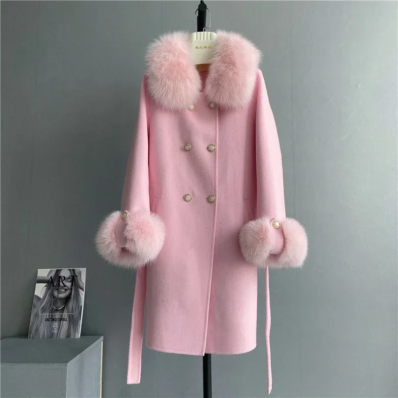 

Женское длинное кашемировое пальто, зимняя кашемировая куртка с воротником из лисьего меха, 100%
