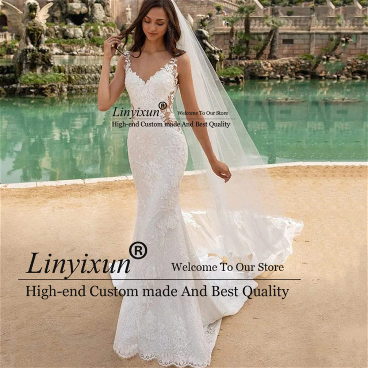

Sexy V-Neck Mermaid Wedding Dress Appliques Lace Illusion Sleeveless Bridal Gown Backess Court Train Backless Vestido De Noiva