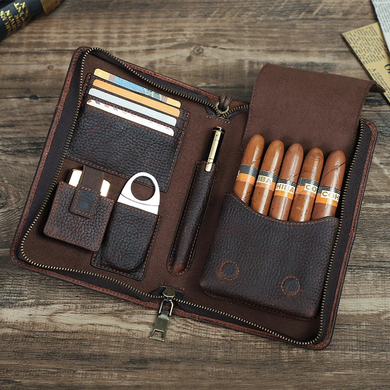 

Leather Cigar Travel Case Storage 5 Cigars Box Wrist Zipper Multi -function Portable Humidor Cigar Cigarette Box High Quality