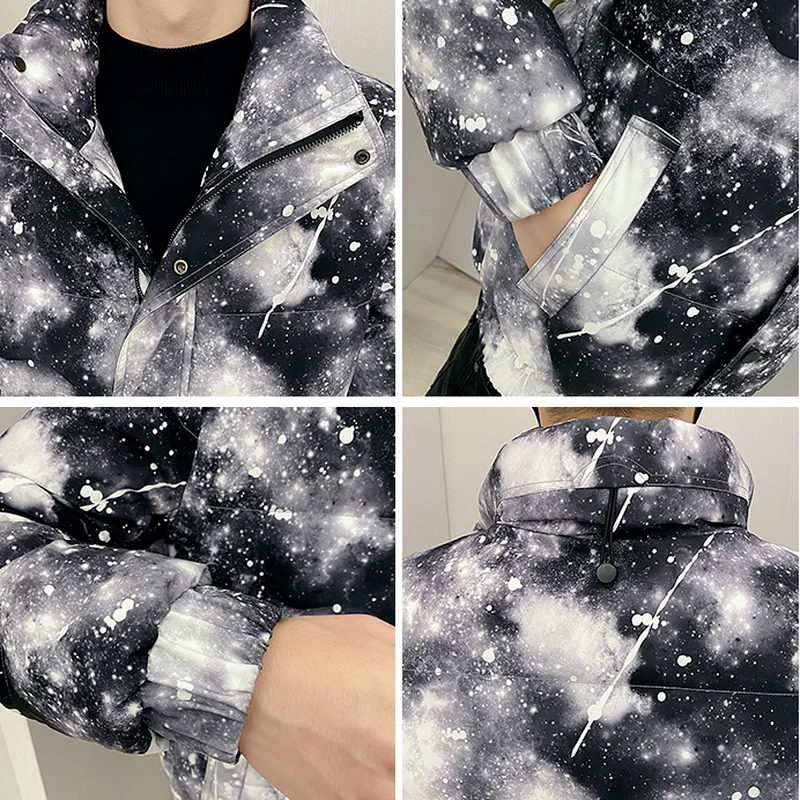 Starry Sky Print Winter Men's Jackets Korean Thicken Warm Casual Parka Jacket Zipper Streetwear Social Overcoat Male Clothing