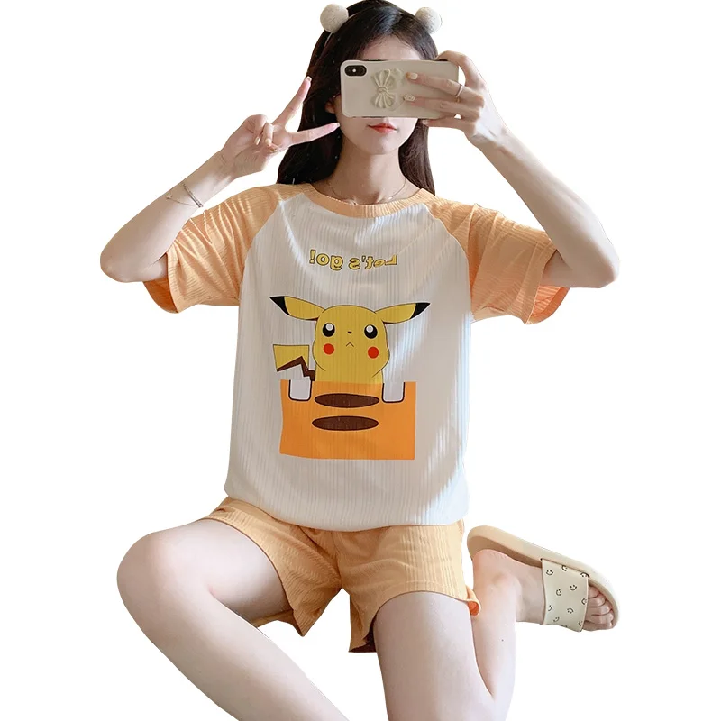 

Трикотажная хлопковая Домашняя одежда с коротким рукавом, новый хлопковый женский пижамный комплект