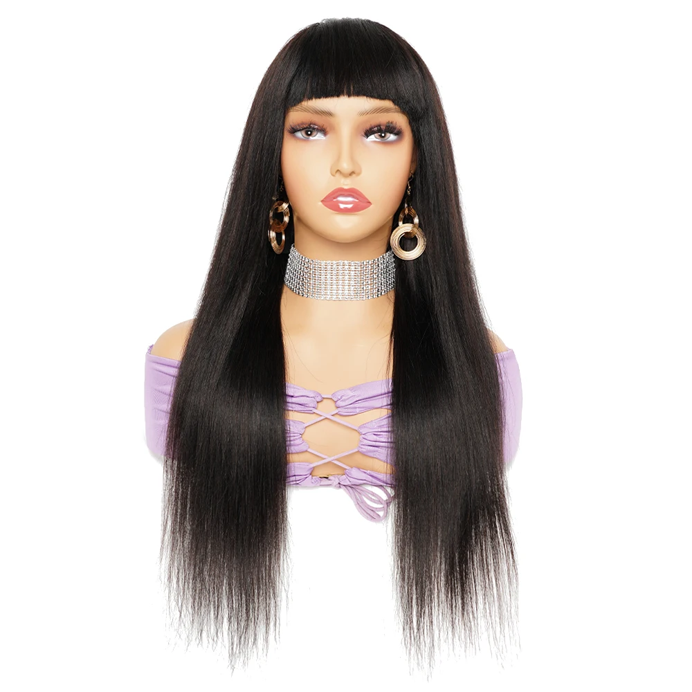 Kisshair-Peluca de cabello humano indio sin pegamento para mujer, postizo completo hecho a máquina con flequillo recto, Color negro