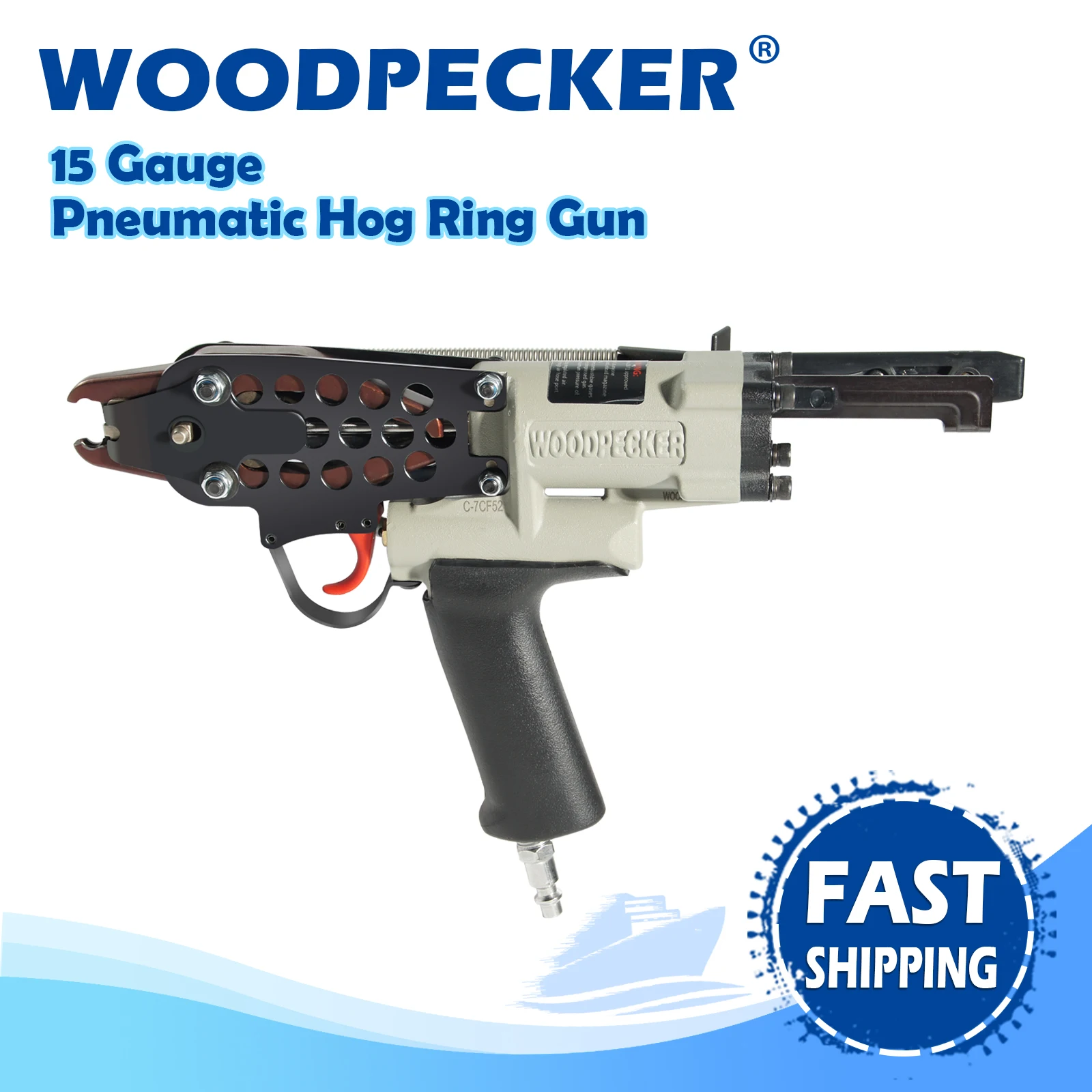 

WOODPECKER C-7CF52 15 Gauge Pneumatic Hog Ring Gun, 19mm Crown 4.8-8mm Closure Diameter, for Wire Cages, Car Seats, Fencing