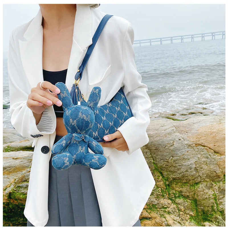 Cute Muppet Rabbit Pendant Texture Printed Crescent Bag Personality Fashion Small Bag New Simple Shoulder Bag