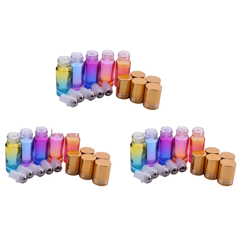 

15Pcs 5Ml Thick Glass Roll On Essential Oil Empty Parfum Bottles Roller Ball 5 Colors Bottle With Gold Cover