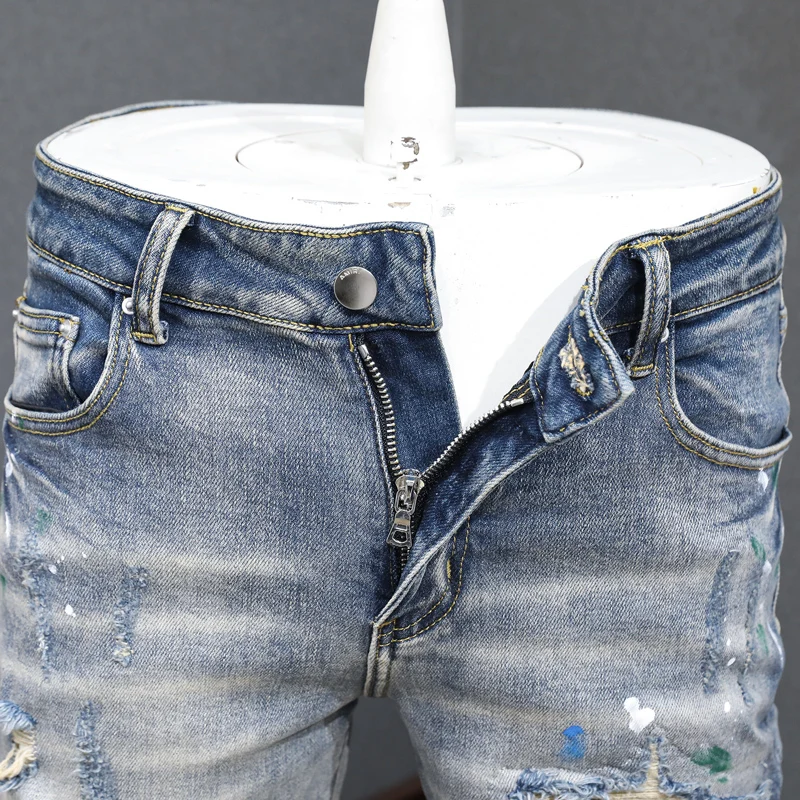 Новые джинсы High Street Fashion стираные водой ностальгический стрейч приталенный крой