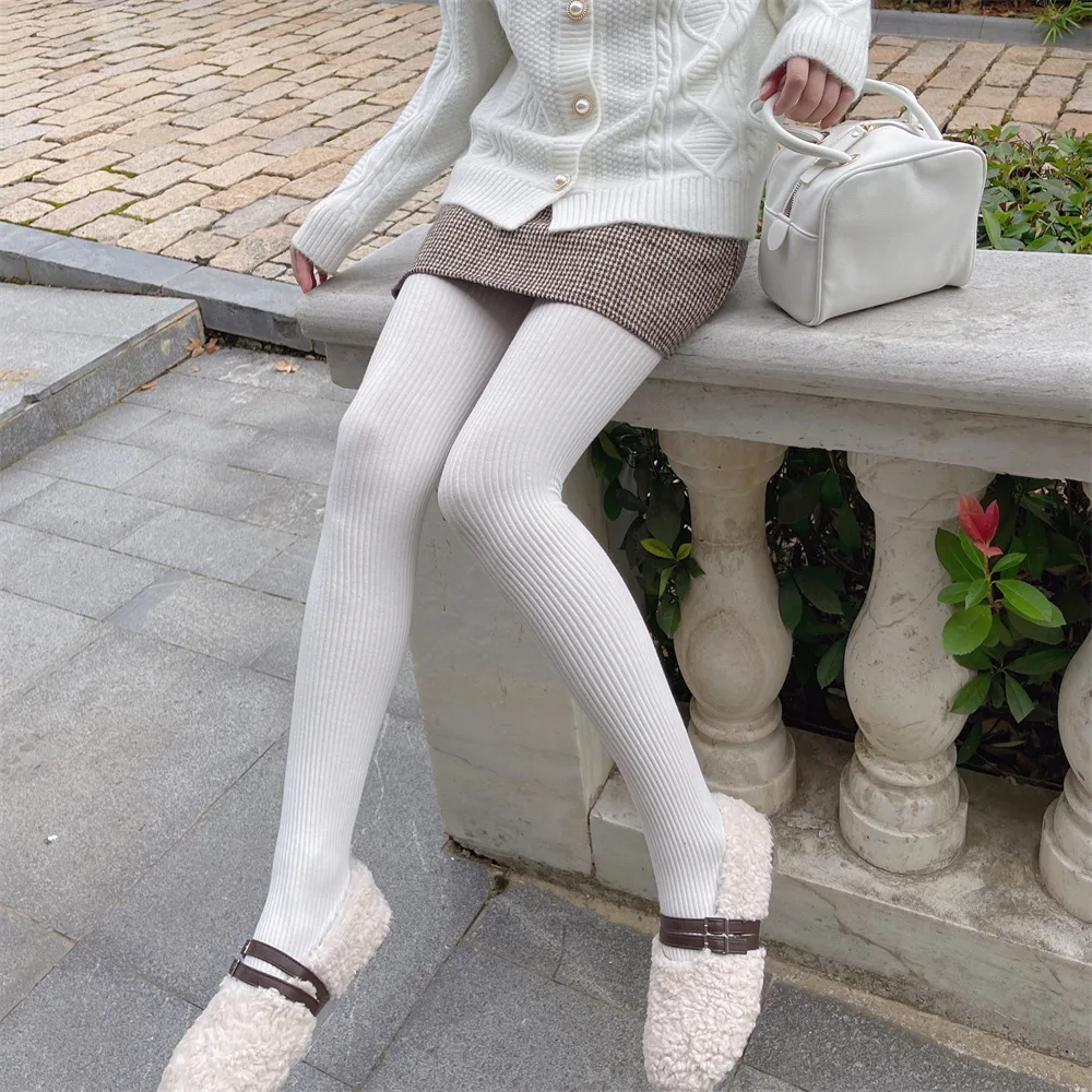 Lolita Milk White Cotton Tights Winter Pantyhose Woman Warm  Vertical Striped Twist Pantyhose Japanese Sweet Pantyhose For Girls
