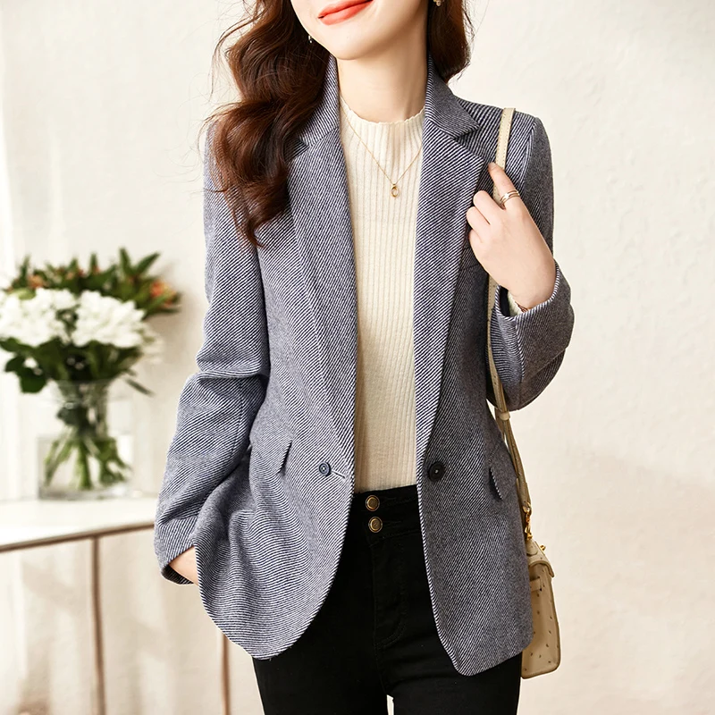 Vimly 2023 Spring Blazer for Women Elegant Stylish Wool Blend Long Sleeve Open Front Work Office Short Jacket with Pockets V7670