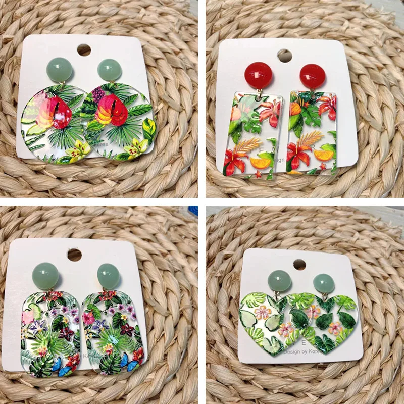 

Vintage Flower Plant Pattern Square Heart Earrings For Women Round Transparent Resin Acrylic Simple Daily Life Jewelry Accessori