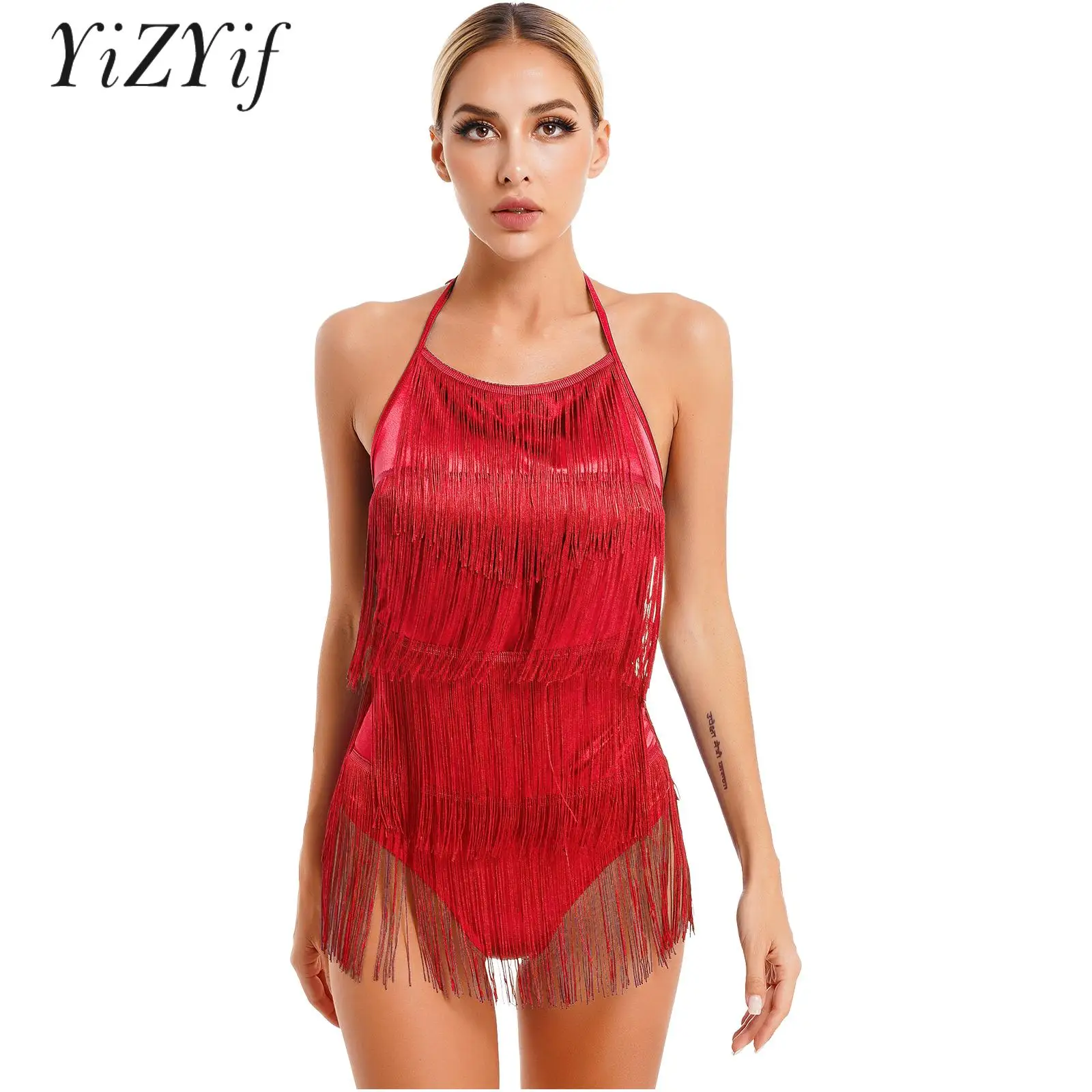 

Womens Latin Dress Sleeveless Halter Lace-up Tassel Bodysuit Spaghetti Strap Backless Fringed Jumpsuit Dance Performance Costume