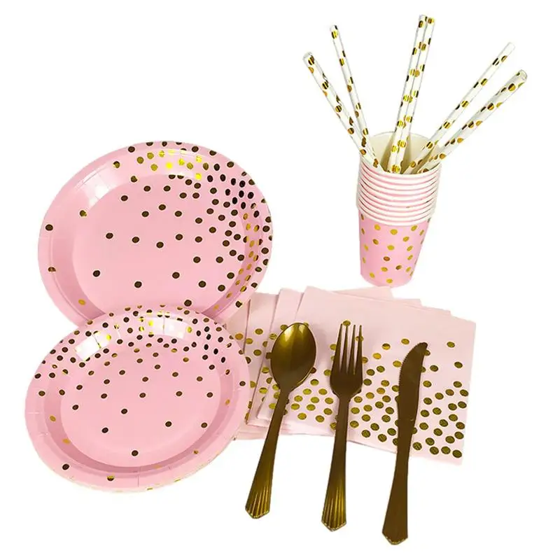 

Женская бумажная посуда для приема, столовая посуда, набор тарелок, Золотая фольга, рисунок в горошек, для дня рождения