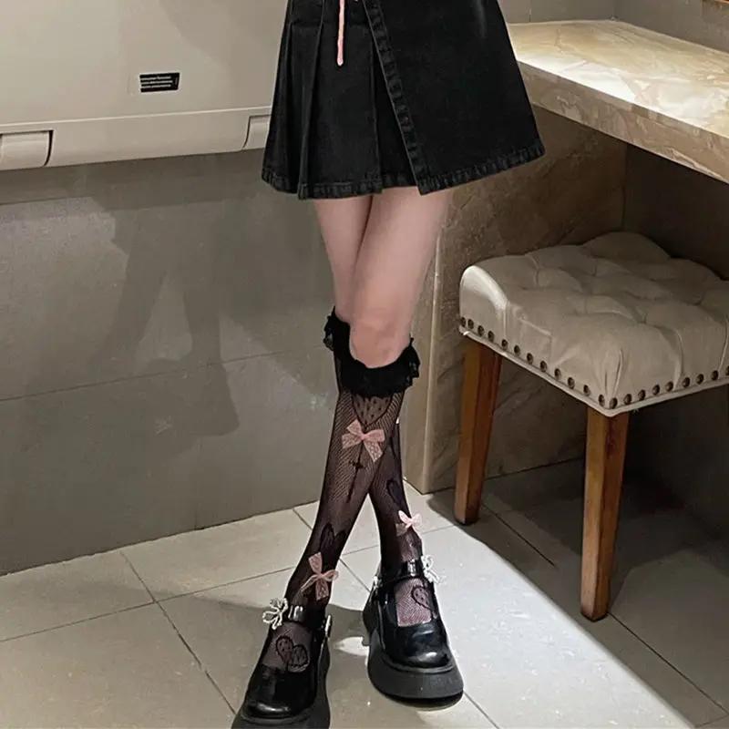Lolita JK Love Bow Lolita Lace Long Socks Calf Jk Socks Female Summer Lace Socks Harajuku Accessories Knee High JK Socks