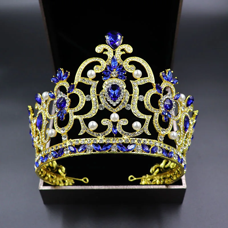 

New alloy rhinestone pearl bride crown luxury Baroque full round large tiara beauty pageant queen crowns with pearl