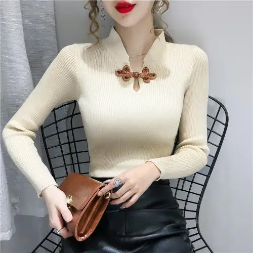 

2022 traditional ladies sweater chinese blouse qipao top chinese vintage mandarin collar tang suit blouse cheongsam top pullover