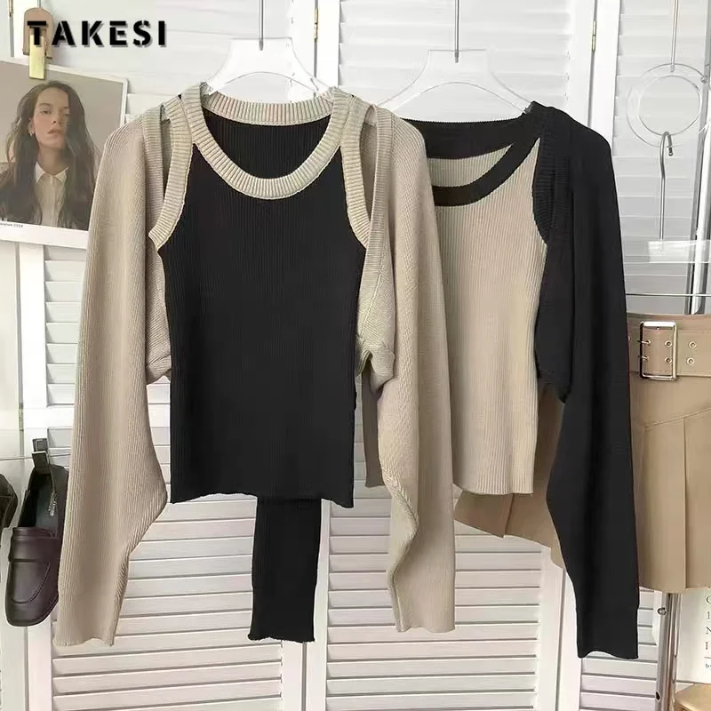 

2023 Autumn Winter Casual Knitting Long Sleeve Hollow Out Pullovers For Women Vintage Slim Fit Patchwork Knitwear Sweater Top