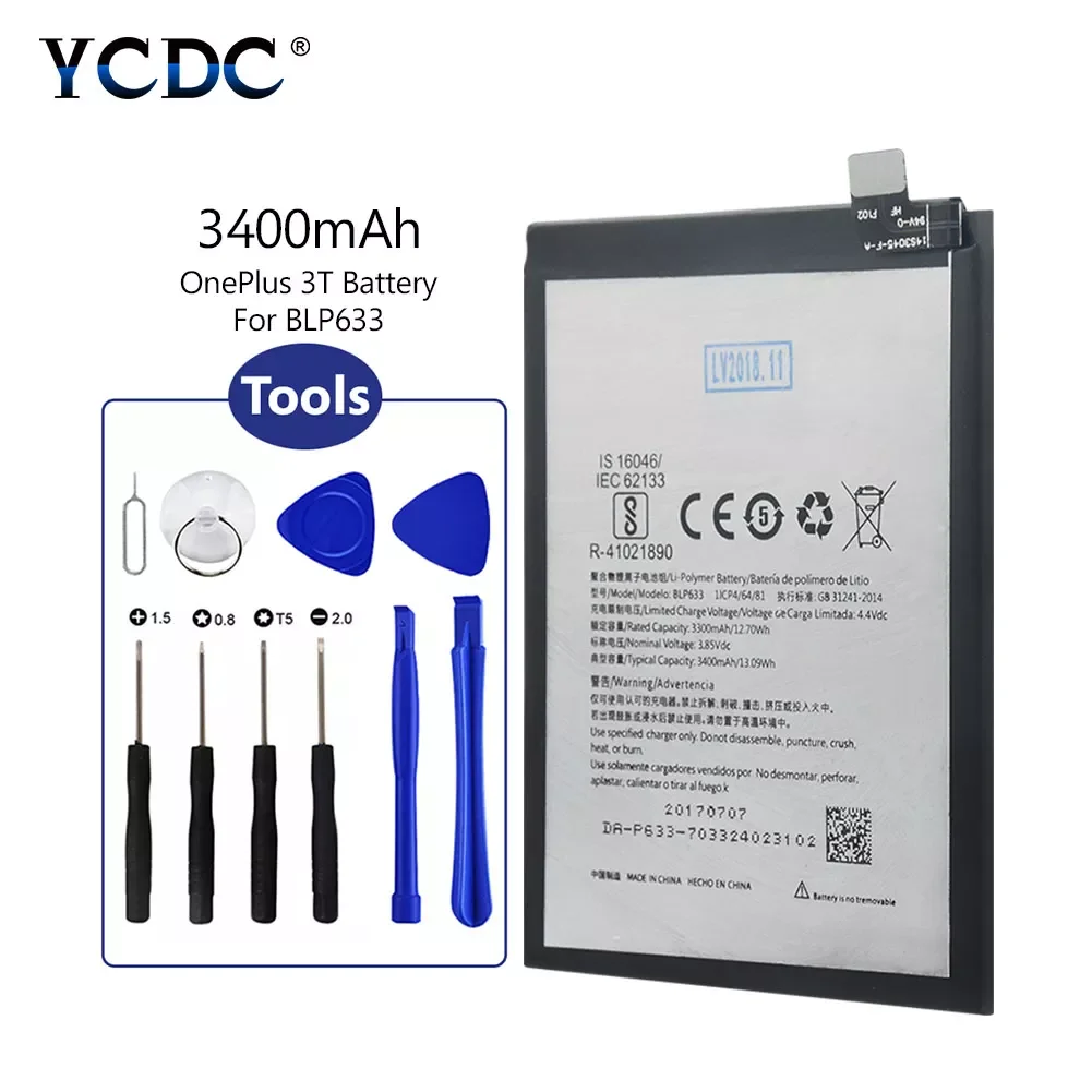 Lithium Li-ion Battery 3.85V BLP 633 3400mAh Mobile Phone Bateria + Maintain Tools For OnePlus 3T (One Plus 3T / 1+ 3T)