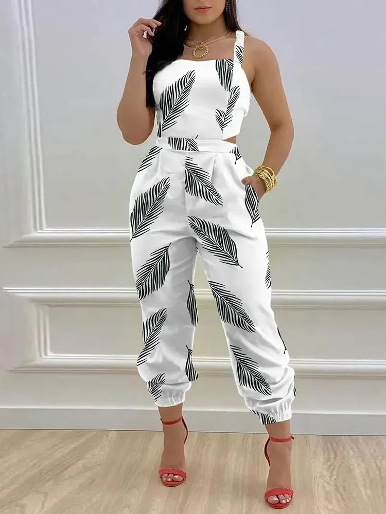 

Lady Fashion One-Shoulder Romper Overalls Women Elegant Wide Leg Playsuits Retro Gold Butterfly Print Office Jumpsuit Streetwear
