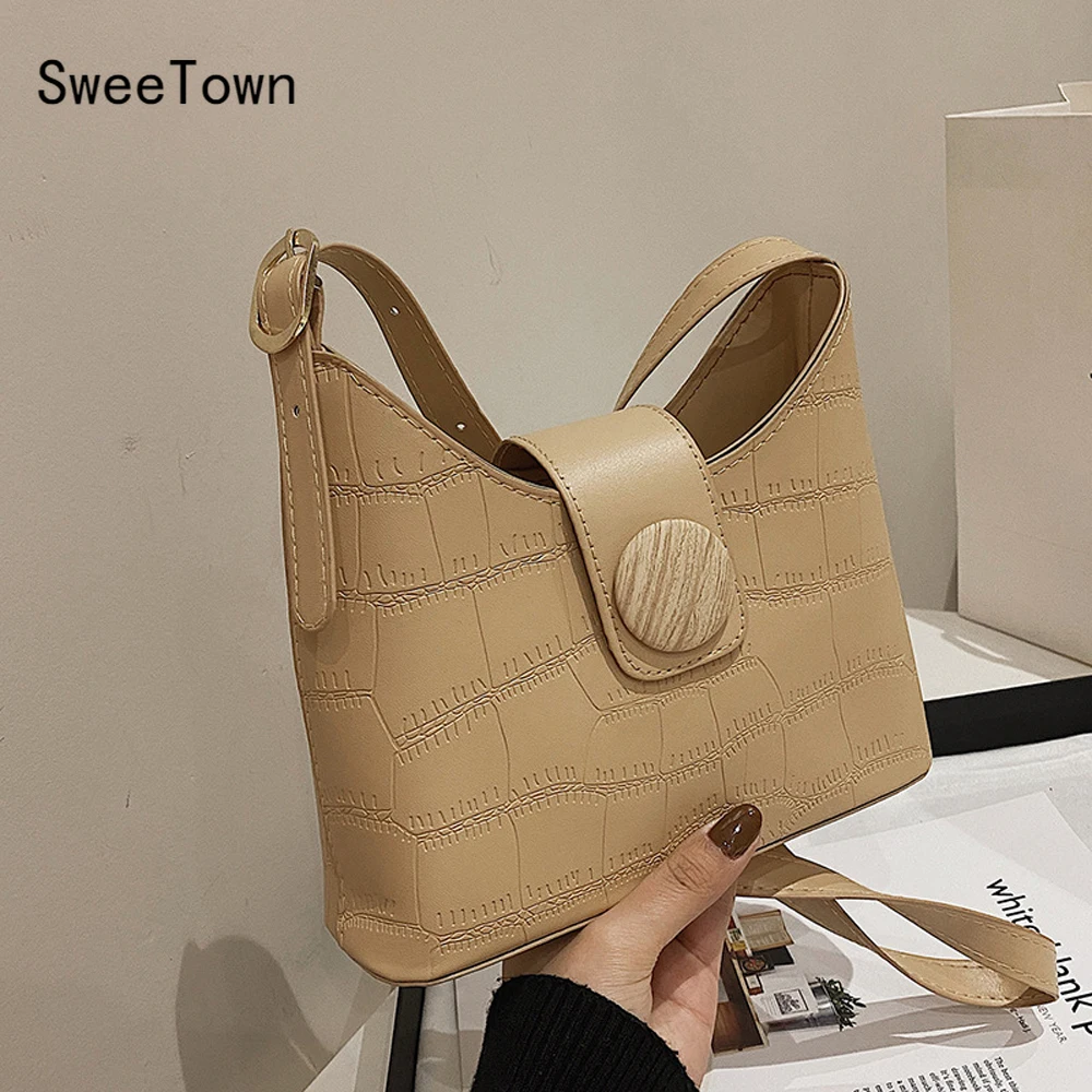 

Sweetown Stone Pattern Tote Bag 2022 Popular New Style Solid Color Texture Fashion Underarm Bag Messenger Female Bag Handbag