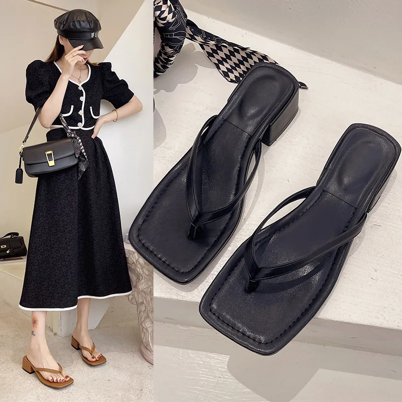 TSTCTB Casual Flip Flops Women Summer Outdoor New Slippers Sexy Square Toe Shallow Slides Ladies Low Heel Leisure Beach Shoes