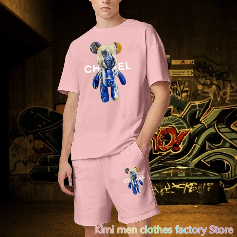 TShirts Shorts Sets Bear print Cotton Set Men Oversized 2 Piece Outfits Sets for Men Summer Streetwear Tracksuit Jogging suit