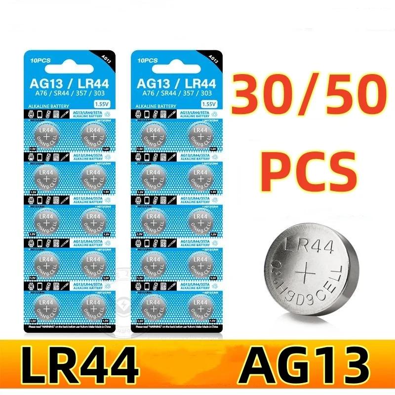 50 шт. 1 55 В AG13 LR44 Кнопочные батарейки LR 44 L1154 RW82 SR1154 SP76 Pila SR44 A76 LR1154 GP7 Cell Coin Watch Toys