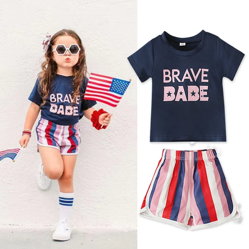 

Qunq Independence Day Girls' Letter Printing Short Sleeves Top+ tripe Shorts Two Pirce Set Fashion Casual Kids Clothes Age 1T-3T