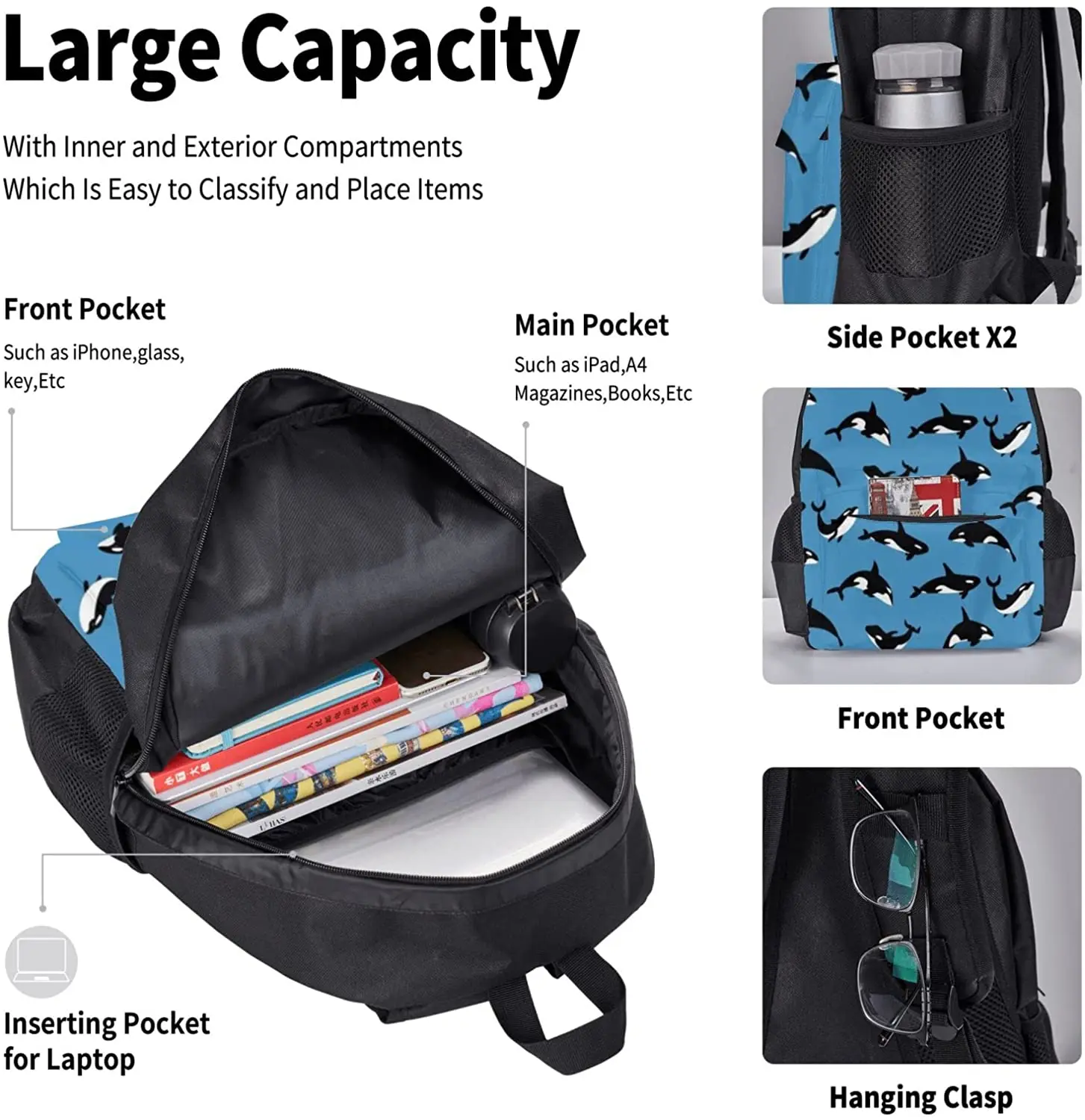 School Backpack Orcas Or Killer Whales Schoolbag Travel Bag Casual Daypack Lunch Bag Pencil Case for Boys Teens Girls 3pcs Sets
