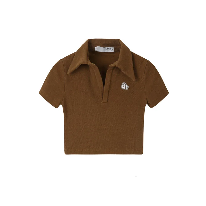

Vintage Spice Girl Lapel Short Sleeve T-shirt Women's Wear New Summer Brown Short Navel Top