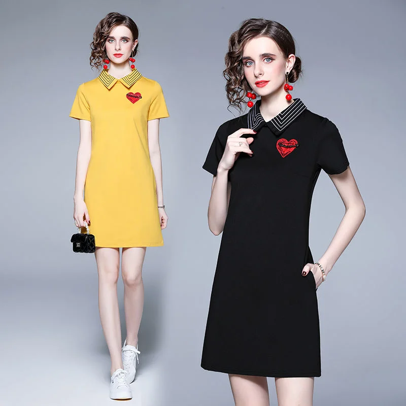 

Summer 2022 new fashion embroidery Brooch Lapel Polo casual elastic slim dress elegant befree