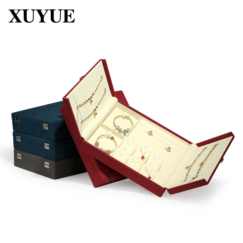 Double open with lid microfiber metal lock jewelry box bracelet ring necklace jewelry storage box large capacity