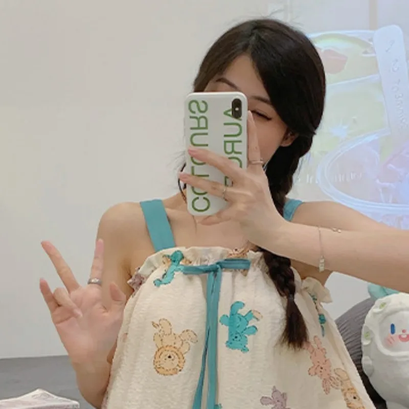 2023 New Pure Desire Wind Girl's Pajamas Loose Sweets Summer Long Length Printing  Lady's Sling Nightwear Nightdress With Bra