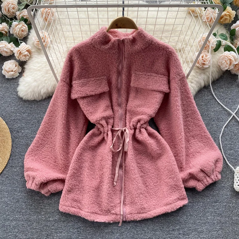 

Autumn and Winter New Korean Version Loose French Style Small Fragrance Coat Mid-length Casual Thickened Lamb Plush Coat Women