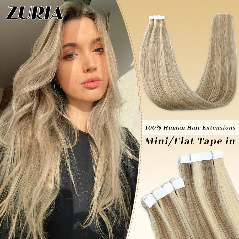 

ZURIA Mini/Flat Head Tape in Hair Extensions Human Hairpiece Natutal Straight 12-28inches Weft Adhesive Blonde Bundle For Women