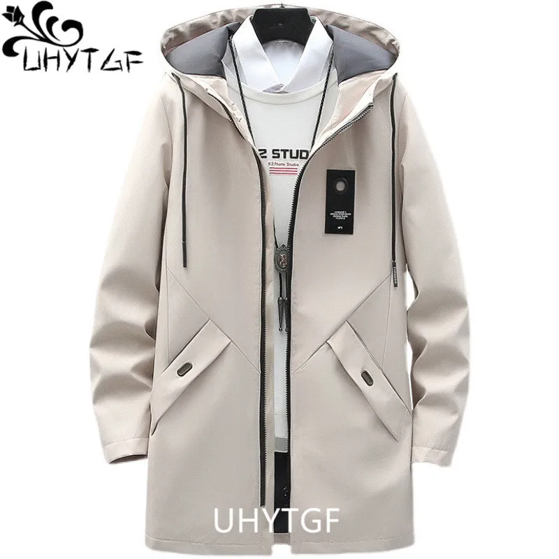 

UHYTGF Fashion Youth Autumn Winter Trench Coat Mans Mid-Length Hooded Casual Male Outerwear Korean Loose Windbreaker For Men 230