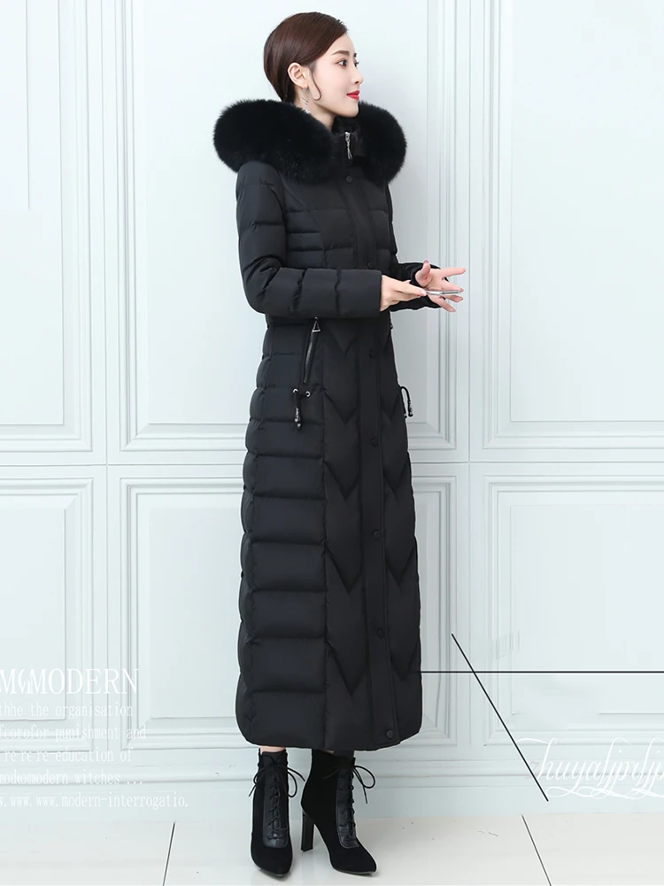 New Women Winter Down Coat Fashion Thicken Warm Real Fox Fur Collar Lengthened Down Jacket Detachable Hooded Slim Overcoat
