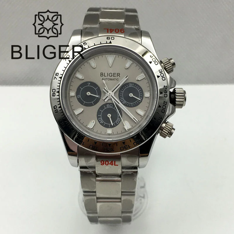 

Мужские часы BLIGER 39 мм, многофункциональные автоматические часы с сапфировым стеклом и серым циферблатом, серебристый, зеркальный, стальной браслет, керамическая рамка