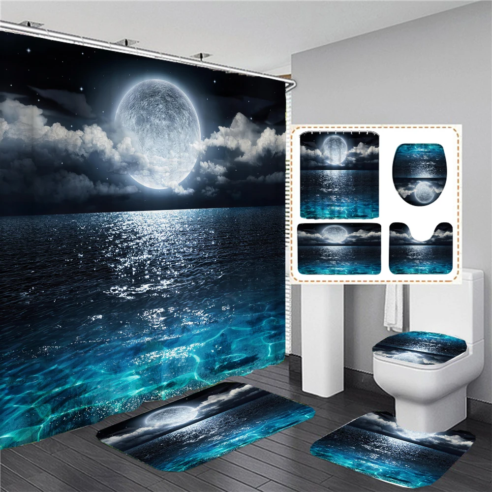 

Waterproof Shower Curtain Set Moonlight Sea Starry Sky Scenery Bath Rug and Mats with Hooks Toilet Seat Cover Bathroom Decor