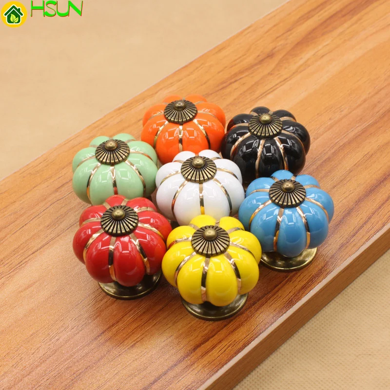

2 pcs Ceramic handle seven color pumpkin cartoon countryside modern simple cabinet drawer handle