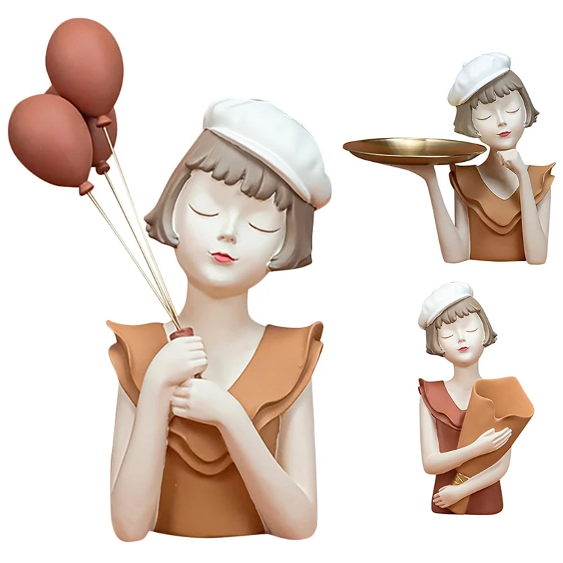 

Modern Balloon Girl Sculptures Resin Figurines Bust Vase Gold Tray Storage Crafts Flower Pot Art Vases For Home Decor