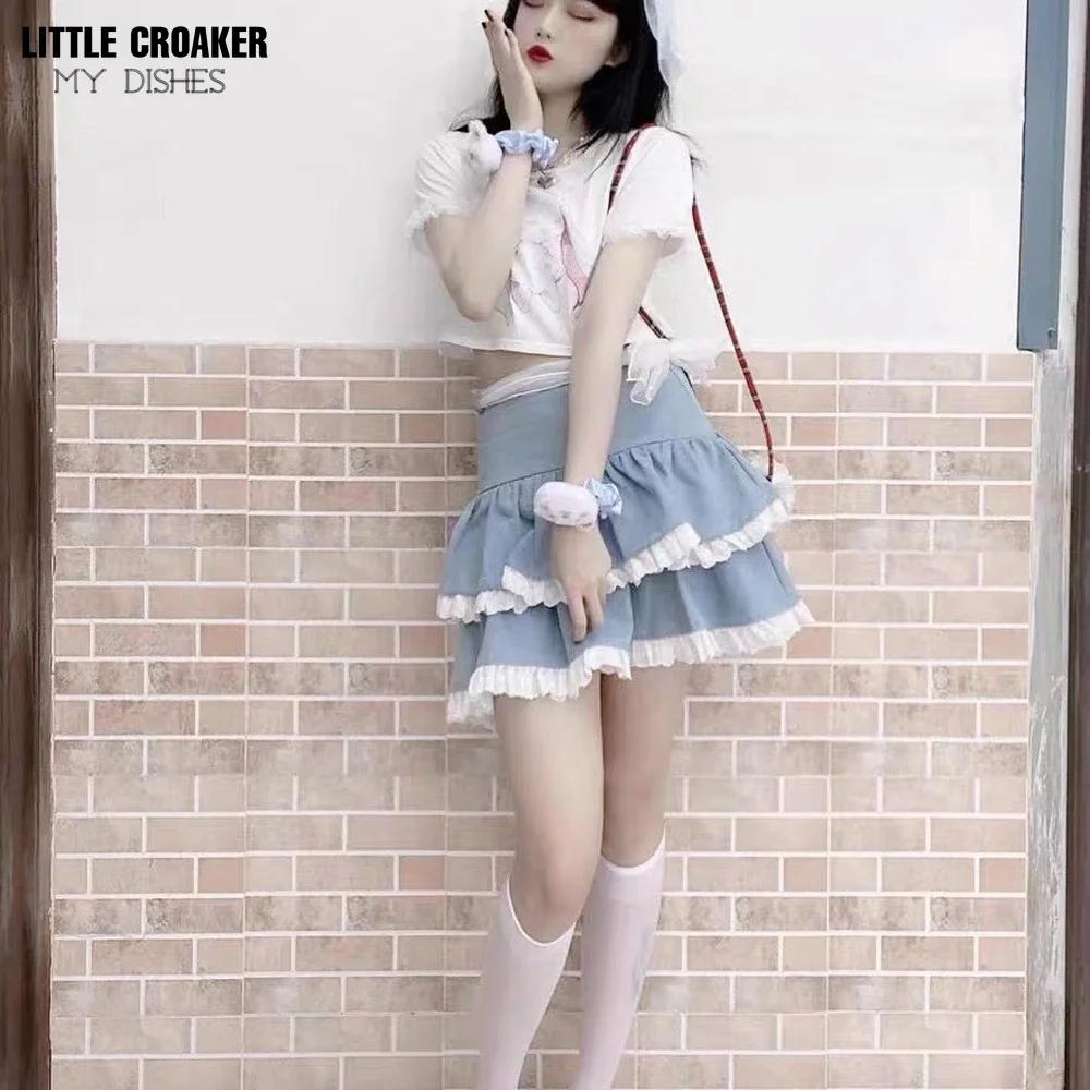 

Kawaii Lolita Mini Skirts Women Autumn Winter Fairycore Japanese Sweet High Waist Bandage Lace Pink Ruffle Layer Skirt Clothes