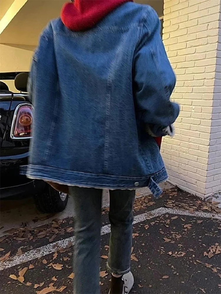 Синее толстое плюшевое джинсовое пальто с ягненком женское осенне-зимнее