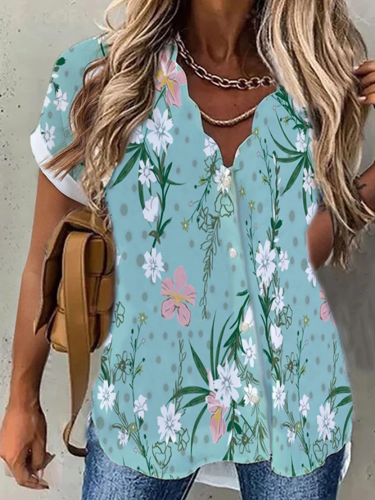 

Top Women's Fashion T-Shirt Summer Short Sleeve Floral Printing Button Shirts Female Casual Tops Blouses