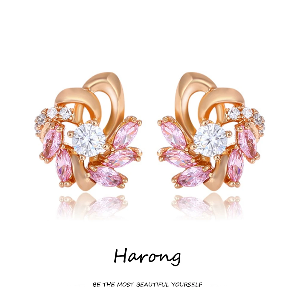 

Harong Classic Zircon Crystal Stud Earrings Luxury Rose Gold Color Metal Aesthetic Jewelry Gift Earings for Women Girls