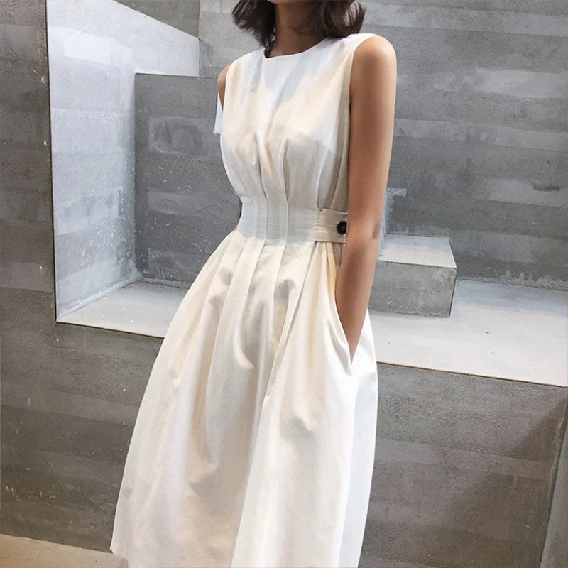 

2021 Summer Women Solid White Black Fashion Elegant Casual Party Dress O neck Sleeveless Tank Sundress Female Vestido